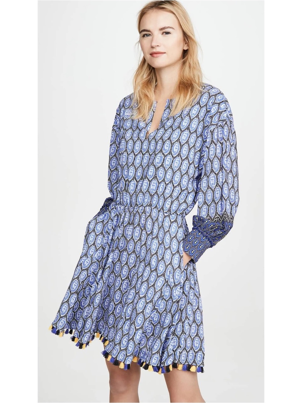 Derek Lam 10 Crosby Cassia Dress Bohemian Tassel Trim Women 10 Blue Geometric